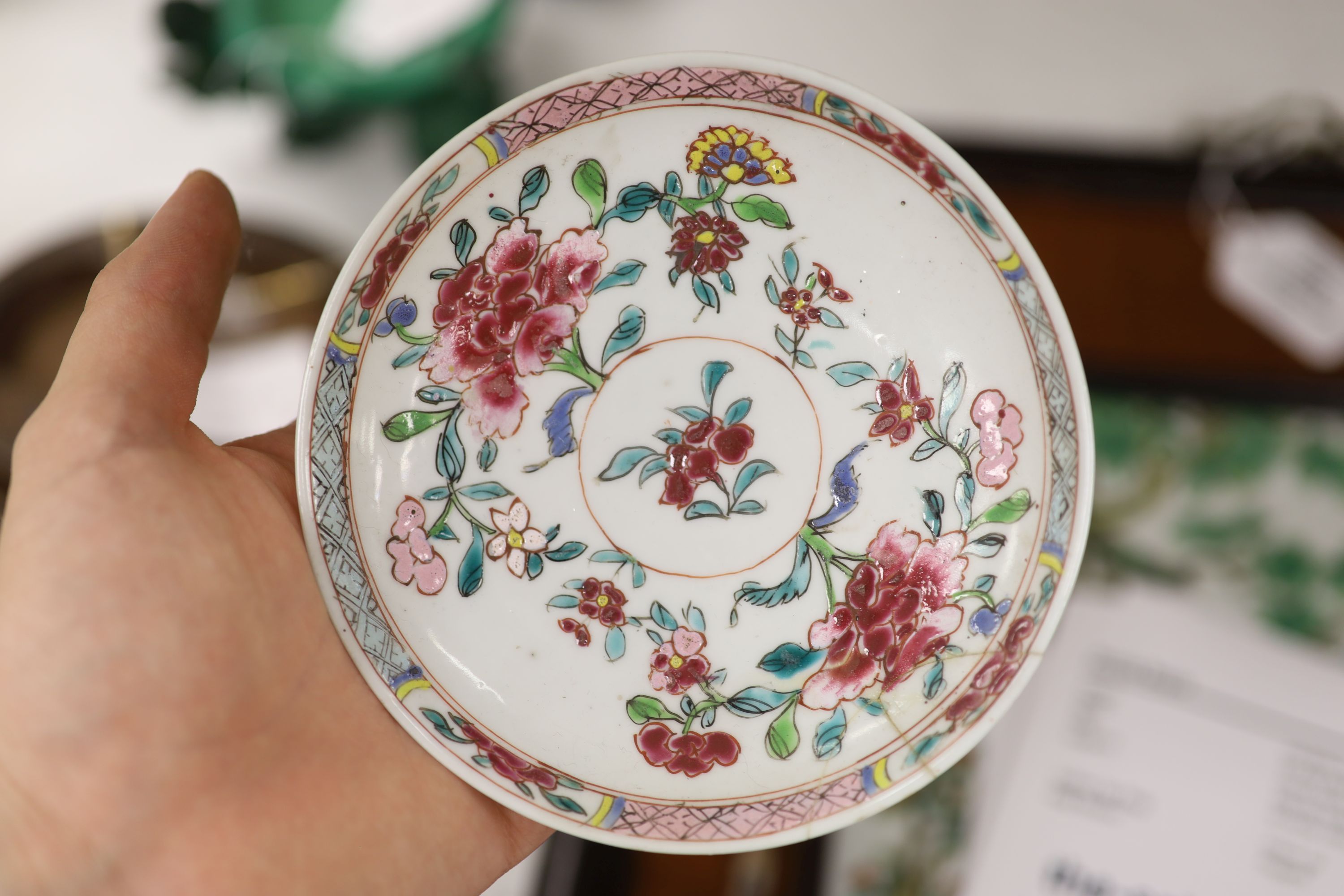 Three 18th century Chinese famille rose or Imari tea bowls together with five saucers